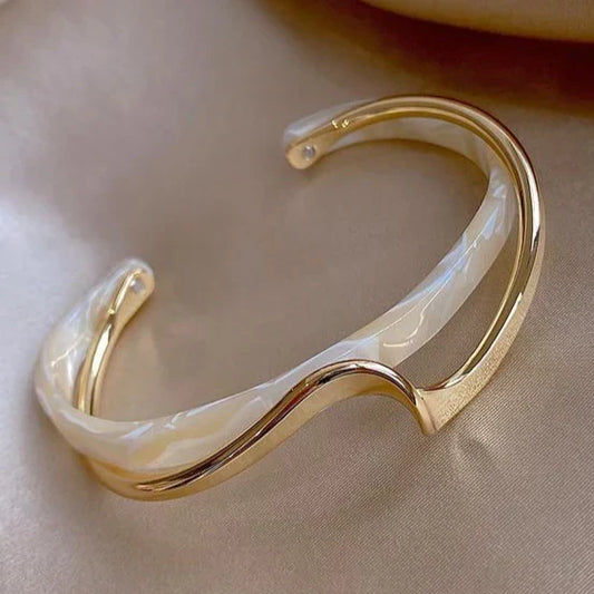 Open Cuff Bangle Bracelet in Opal-White with Gold-Tone Accent
