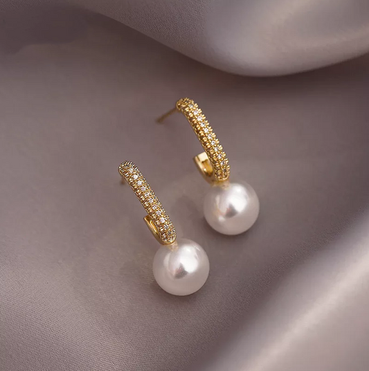 Pearl Drop Earrings with Textured Gold-Tone Hoop