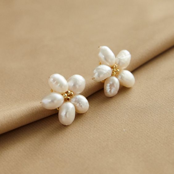 Baroque Pearl Petal Cluster Stud Earrings in Gold Tone