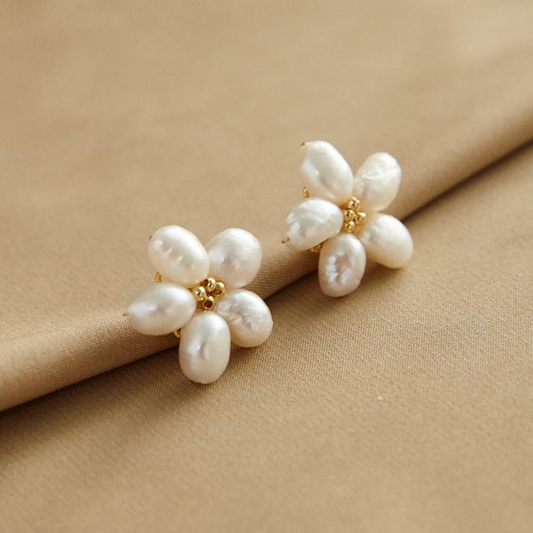 Baroque Pearl Petal Cluster Stud Earrings in Gold Tone