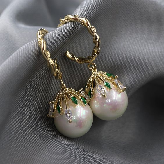 Pearl and Green Stone Drop Earrings with Twisted Gold-Tone Hoops