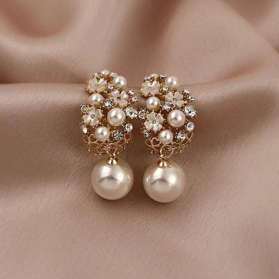 Floral Cluster Pearl Drop Earrings in Gold Tone