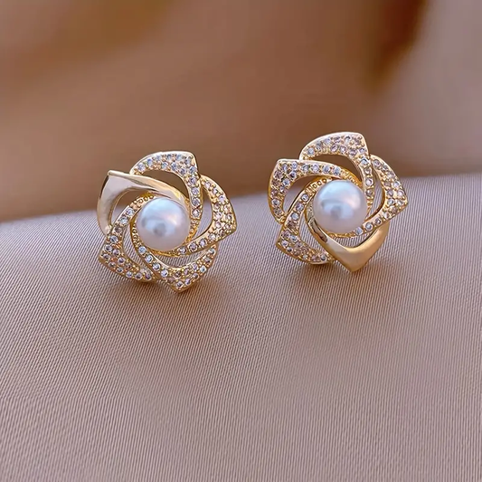 Spiral Pearl Stud Earrings with Crystal Accents in Gold Tone