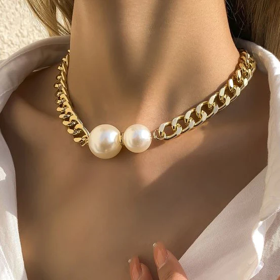 Double Pearl Pendant Necklace with Gold-Tone Curb Chain