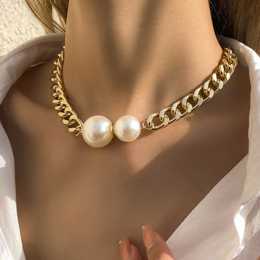 Double Pearl Pendant Necklace with Gold-Tone Curb Chain