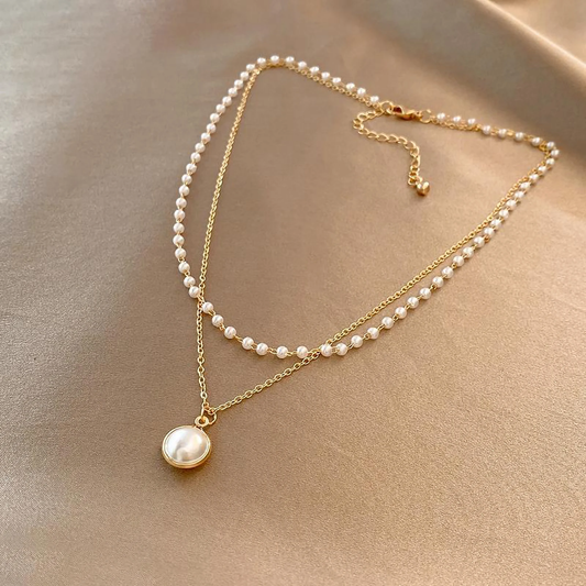 Layered Pearl Necklace with Bezel-Set Pendant, Gold-Tone Chain