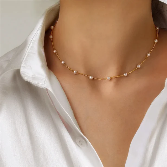 Pearl Station Necklace with Gold-Tone Snake Chain