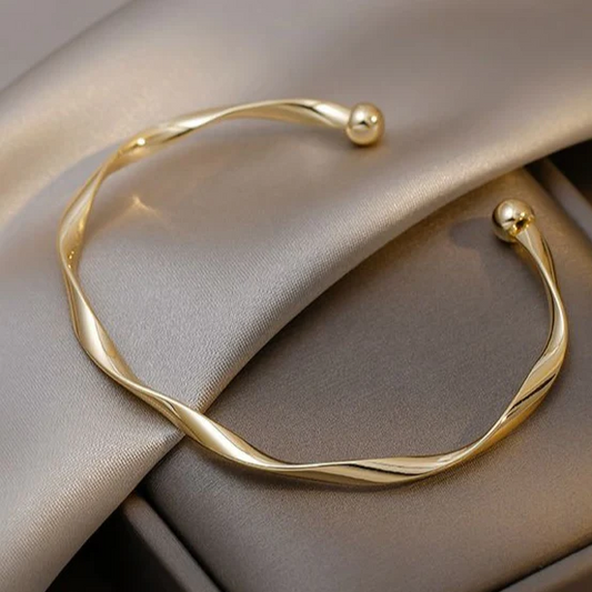 Twisted Wave Open Cuff Bracelet with Ball Ends, Gold Tone