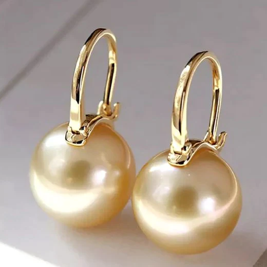 Round Champagne Pearl Drop Earrings with Leverback Closure
