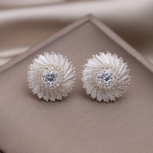 Sunburst Cubic Zirconia Stud Earrings with Baguette Stone Accents