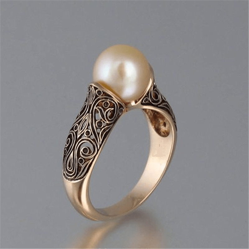 Cream Pearl Cocktail Ring with Gold-Tone Filigree Scrollwork