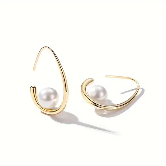 Asymmetrical White Pearl Drop Earrings with Curved Gold-Tone Setting