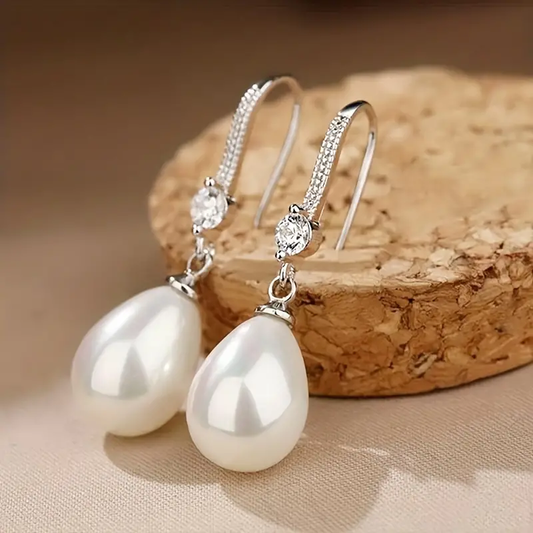 Teardrop Pearl Drop Earrings with Rhinestone Wire Detail