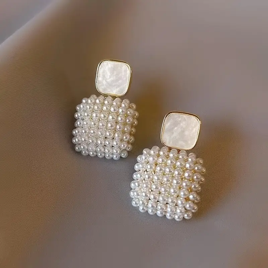 Square Stone & Pearl Cluster Drop Earrings in Gold Tone