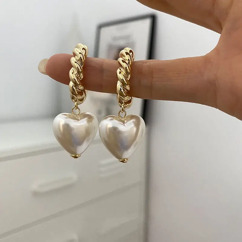 Heart-Shaped Pearl Drop Earrings with Twisted Gold-Tone Posts