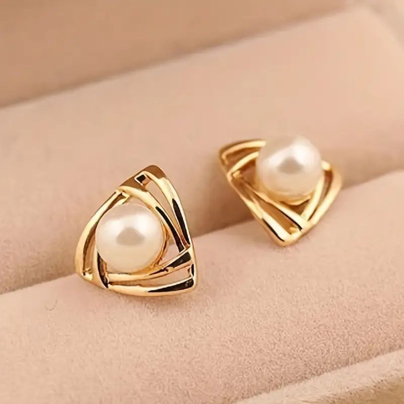 Triangular Pearl Stud Earrings with Gold-Tone Crossed Bands