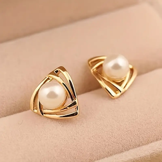 Triangular Pearl Stud Earrings with Gold-Tone Crossed Bands