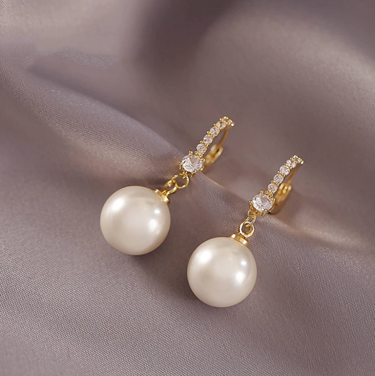 Pearl Drop Earrings with Cubic Zirconia Huggie Posts in Gold Tone