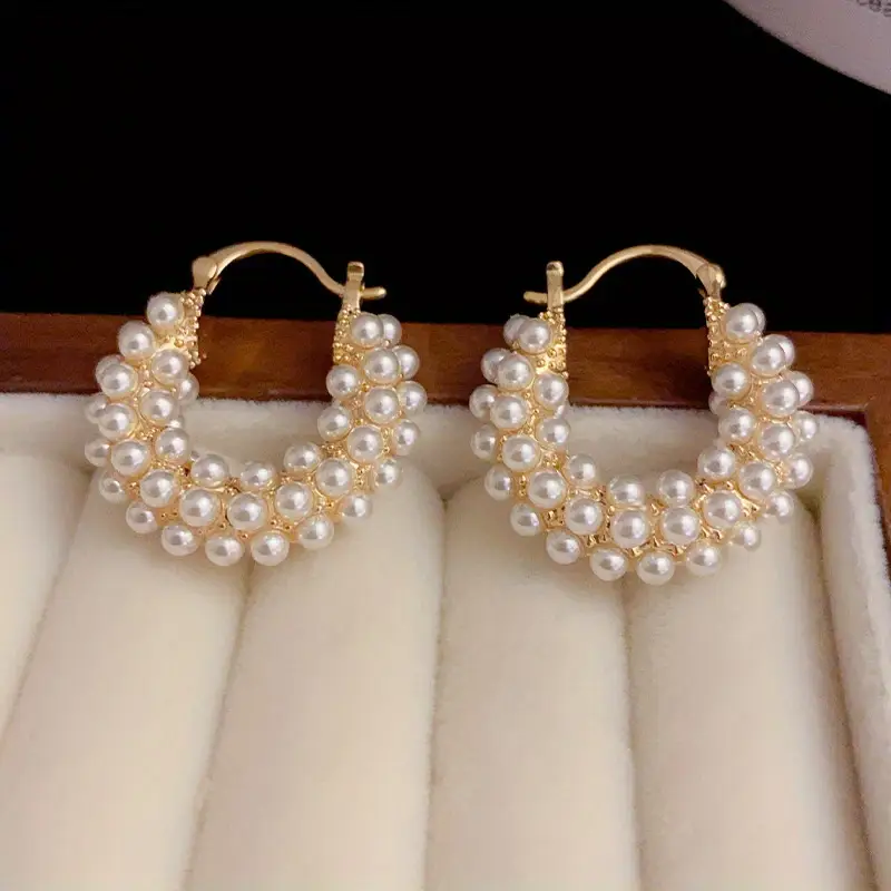 Pearl Cluster Hoop Earrings with Textured Gold-Tone Finish