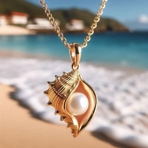 Conch Shell Pearl Pendant Necklace in Gold Tone