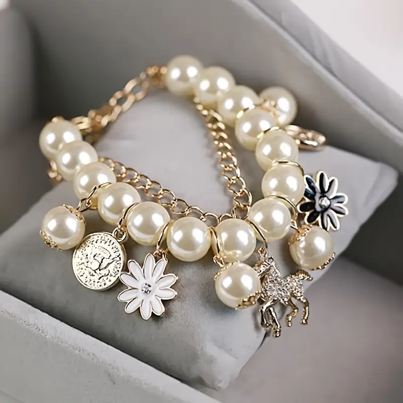 Daisy & Starfish Charm Bracelet with Cream Pearl Beads