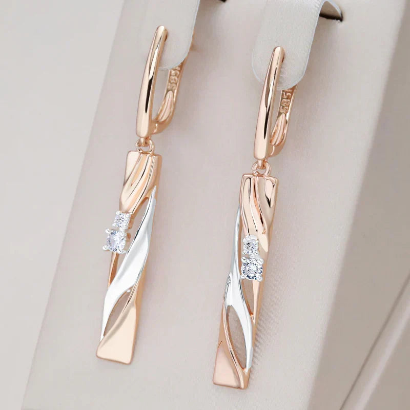 Rectangular Crystal Drop Earrings with Diagonal Twist, Rose Gold Tone