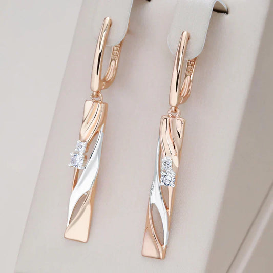 Rectangular Crystal Drop Earrings with Diagonal Twist, Rose Gold Tone