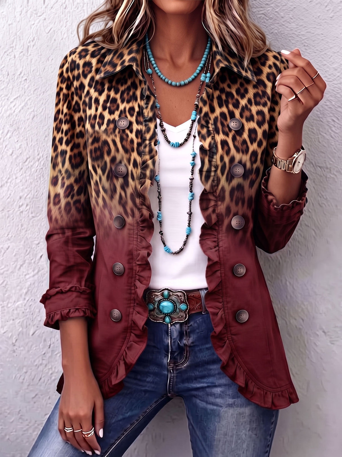 Elspeth | Women's Leopard Ombre Ruffle Blazer Jacket