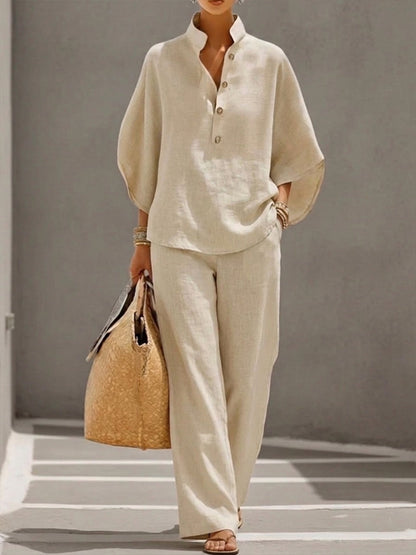 Eszter – Cotton-linen set with batwing sleeves and wide-leg trousers • S1