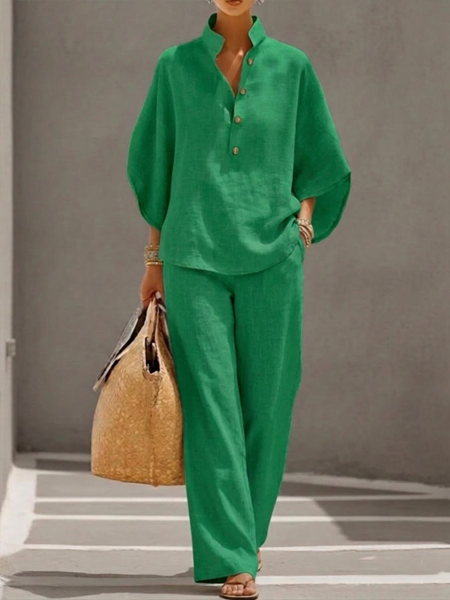 Eszter – Cotton-linen set with batwing sleeves and wide-leg trousers • S1