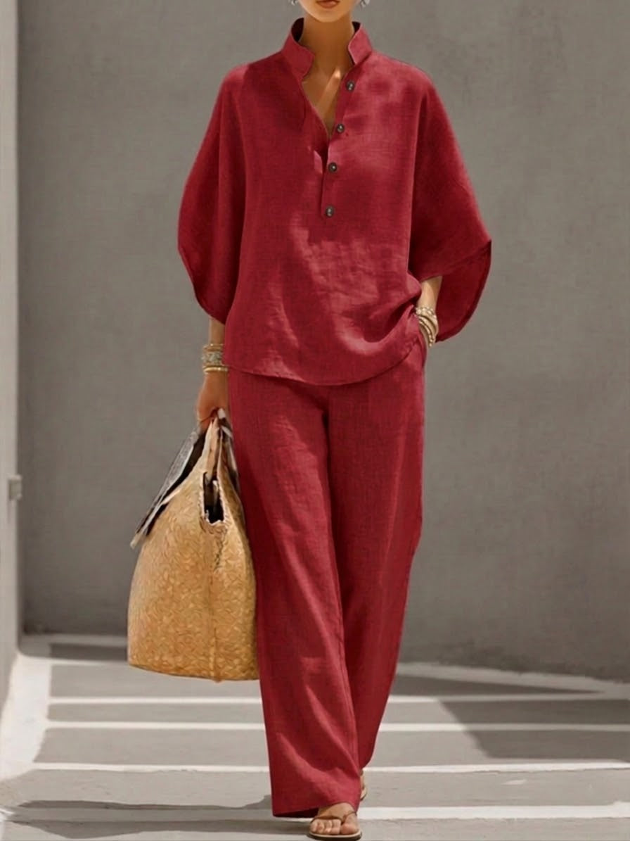Eszter – Cotton-linen set with batwing sleeves and wide-leg trousers • S1