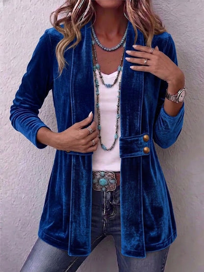 Holliwell | Women's Vintage Lapel Button-Accent Long Sleeve Open Front Jacket