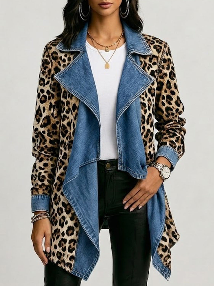 Sherilyn | Women's Leopard Print & Washed Denim Paneled Mid-Length Jacket