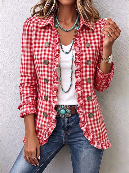 Charlene | Women's Gingham Ruffled Button-Down Jacket