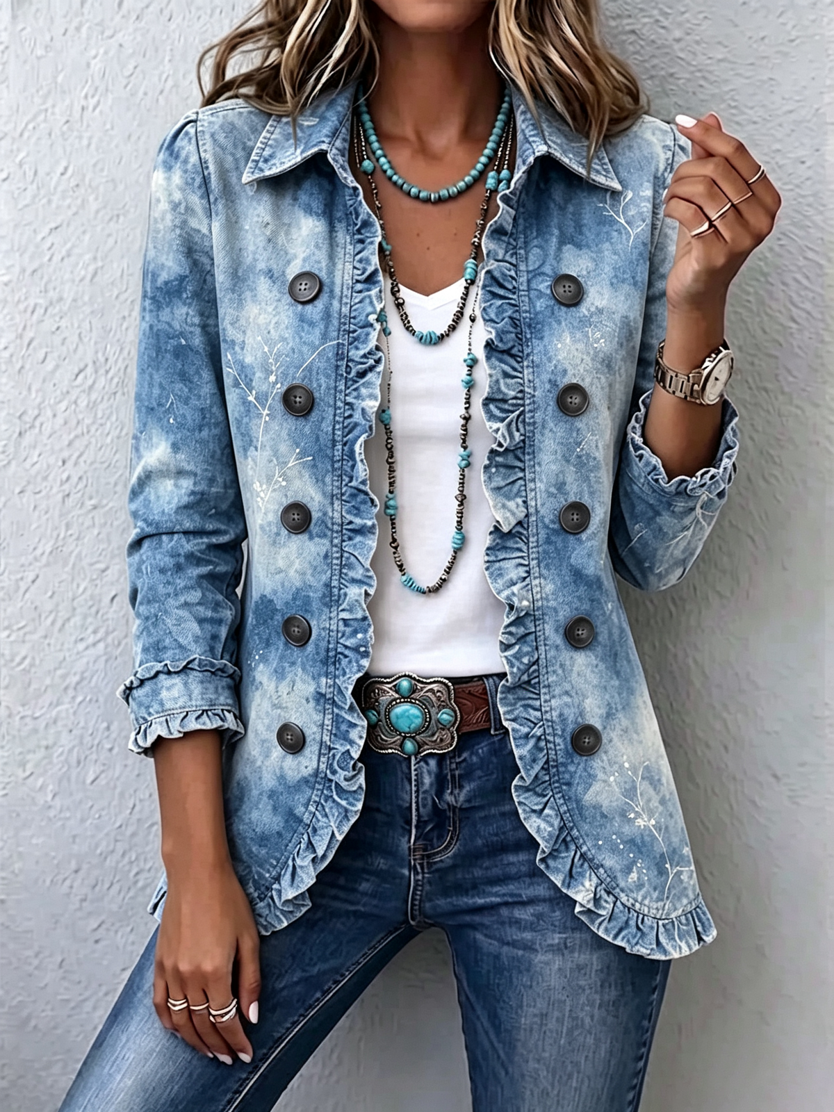 Jemison | Women's Boho-Style Gradient Vintage Botanical Print Ruffle-Detail Jacket