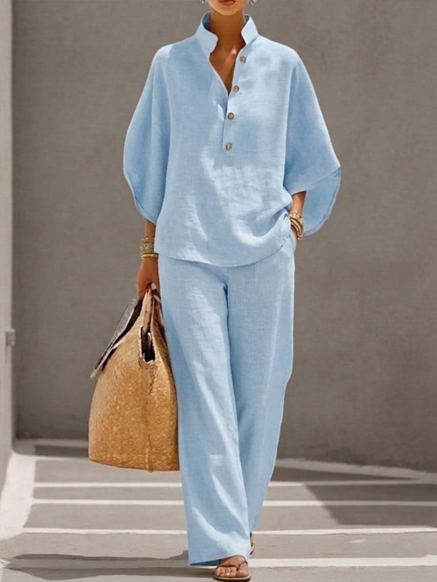 Eszter – Cotton-linen set with batwing sleeves and wide-leg trousers • S1