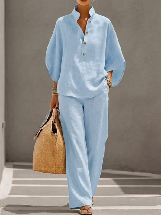 Eszter – Cotton-linen set with batwing sleeves and wide-leg trousers • S1