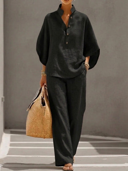 Eszter – Cotton-linen set with batwing sleeves and wide-leg trousers • S1