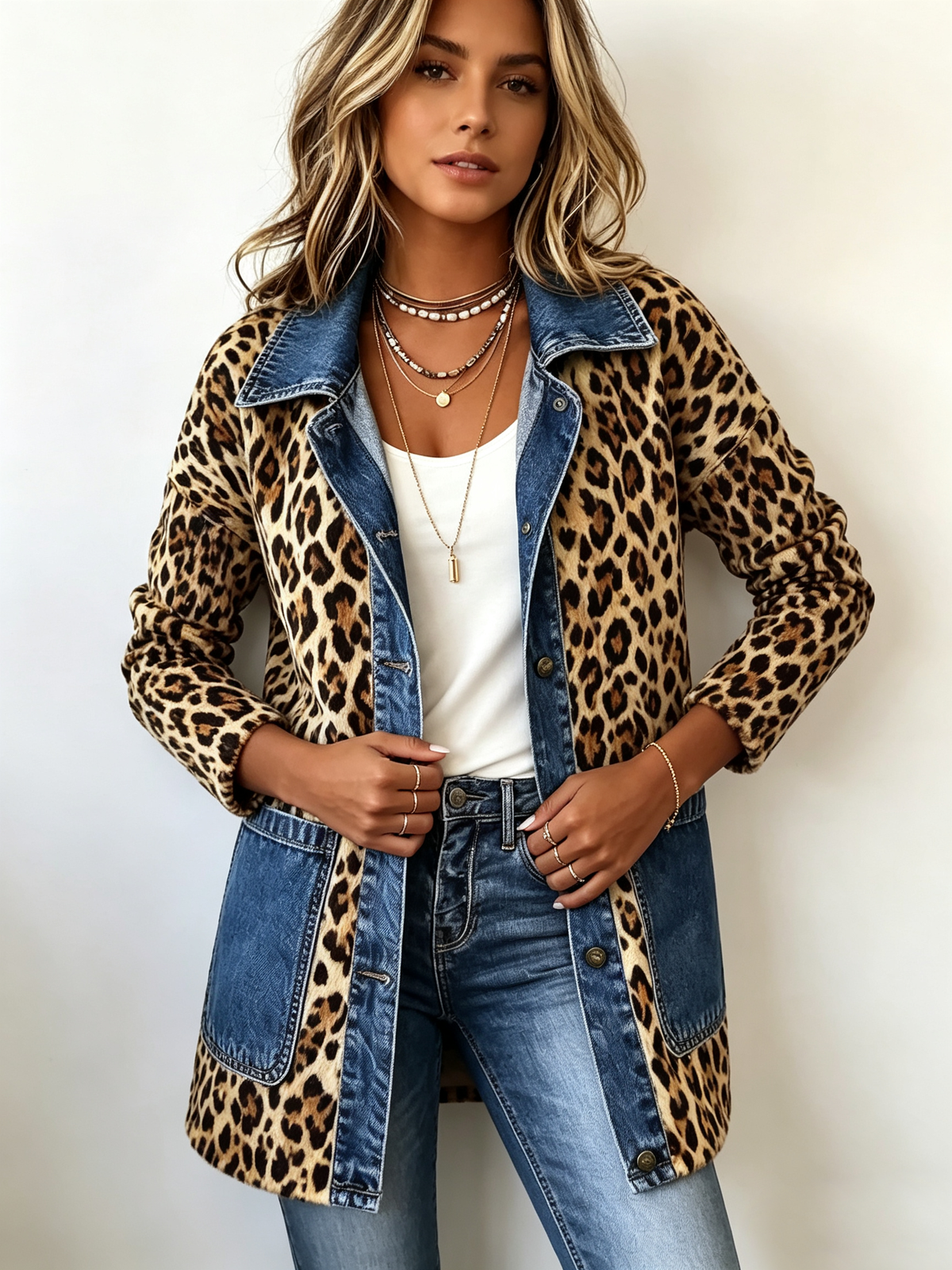 Fablenne | Women's Leopard Print Denim Panel Contrast Longline Jacket