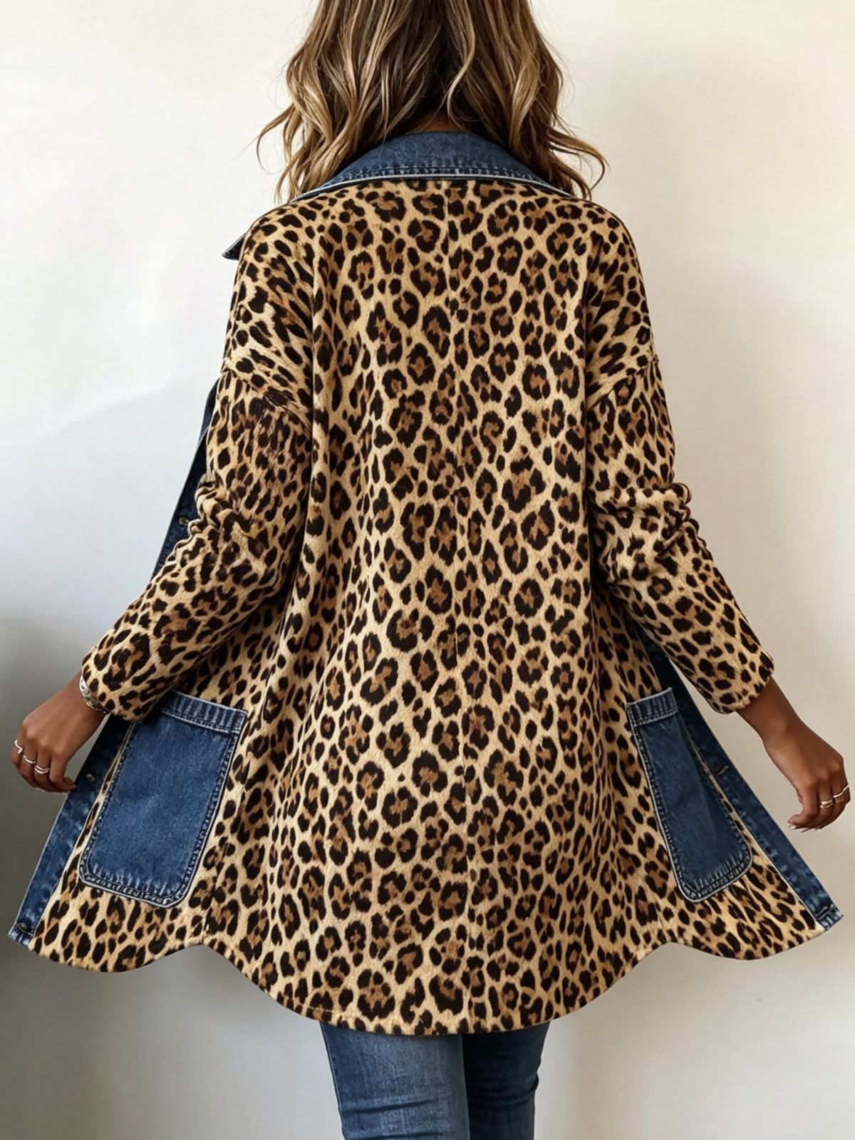 Fablenne | Women's Leopard Print Denim Panel Contrast Longline Jacket