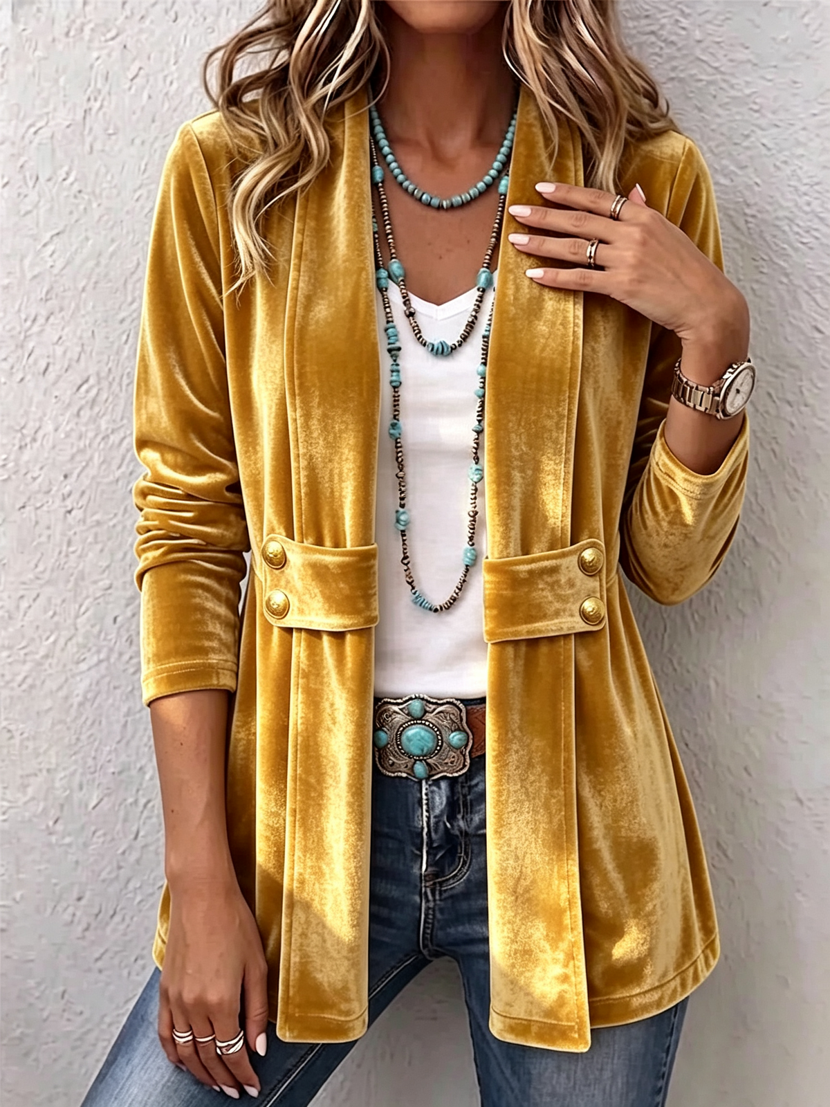 Holliwell | Women's Vintage Lapel Button-Accent Long Sleeve Open Front Jacket