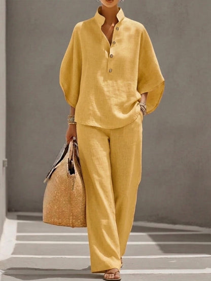 Eszter – Cotton-linen set with batwing sleeves and wide-leg trousers • S1