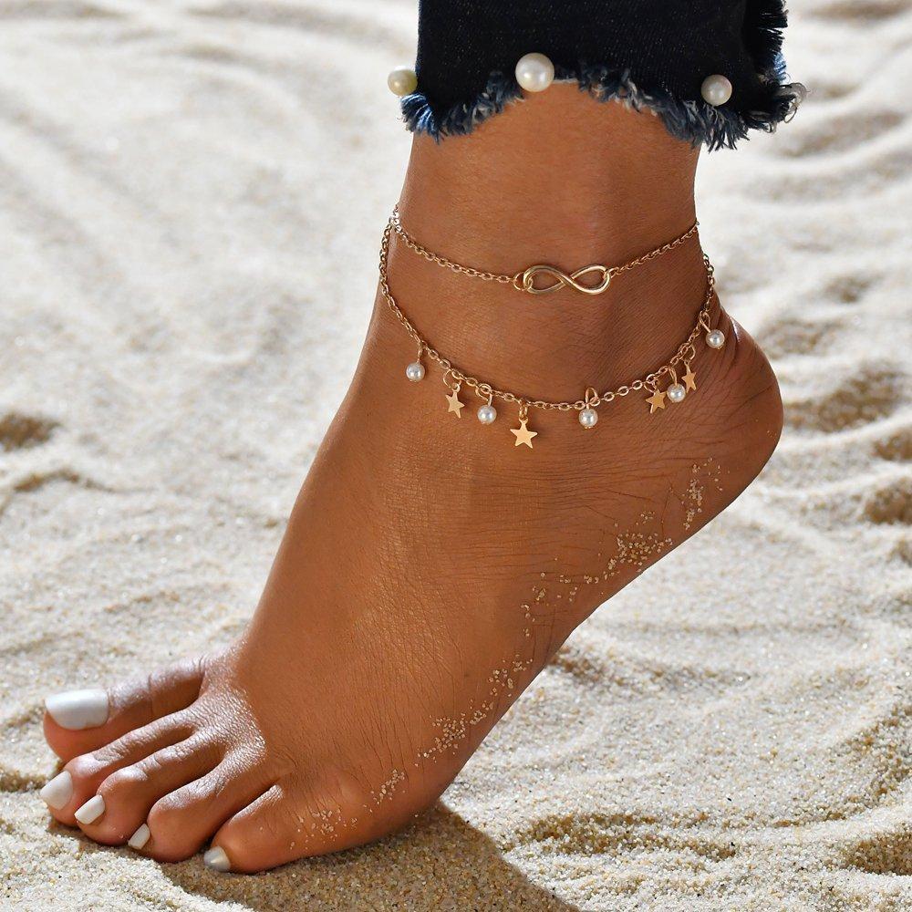 Infinity Star and Pearl Anklet Bracelet in Gold Tone