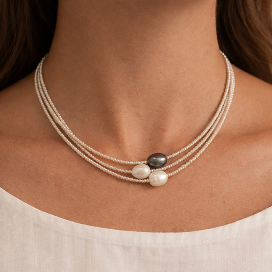 Triple-Strand Pearl Necklace with Black and White Accent Pearls